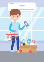 Joven con alimentos y productos para la limpieza en la caja de compra en exceso vector
