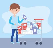 guy with full cart of cleaning products and care excess purchase vector