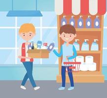 young men with box and basket in the supermarket excess purchase vector