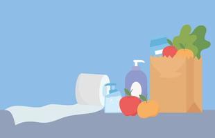 comprar una bolsa de papel con comida de frutas y papel higiénico y jabón en botella, exceso de compras