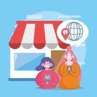 women cartoon with smartphone global market ecommerce online shopping covid 19 coronavirus vector