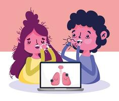 online doctor, patients with fever cough and laptop pneumonia illness covid 19 vector