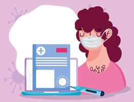 online doctor, patient with laptop thermometer and mask medical covid 19 vector