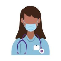 doctora en línea, doctora con máscara y estetoscopio consultora protección médica covid 19, icono de estilo plano vector