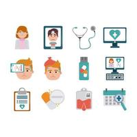 Conjunto de iconos de estilo plano de atención de medicina de salud de médico en línea vector
