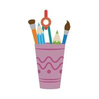 pincel lápiz brújula color en taza icono de estilo plano de educación en el hogar vector
