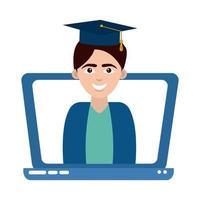 graduate teen with graduation hat in laptop home education flat style icon vector