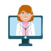 médico en línea femenino en la pantalla de la computadora ayuda a cuidar el icono de estilo plano vector