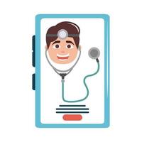 icono de estilo plano de atención de soporte de estetoscopio teléfono inteligente personaje médico en línea vector