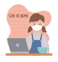stay at home, girl with mask and laptop coffee cup vector