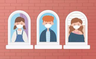 stay at home, young people with protective masks in the windows vector