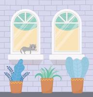 quedarse en casa, edificio de fachada, gato en ventana y plantas en macetas vector