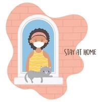 stay at home, young woman with medical mask and cat in the window vector