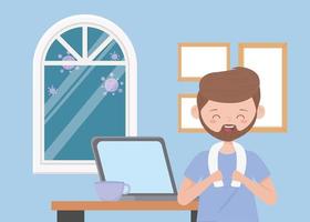 stay at home, bearded man with laptop and coffee cup in room vector