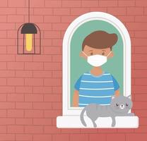 Quédate en casa, joven con máscara y gato en la ventana. vector