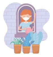 stay at home, happy woman with medical mask watering can and plants vector