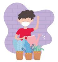 Quédate en casa, niño con mascarilla médica y plantas de regadera. vector