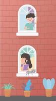 stay at home, young people with cat in the window wall building vector