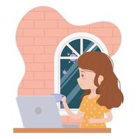 stay at home, young woman working with coffee cup and laptop vector