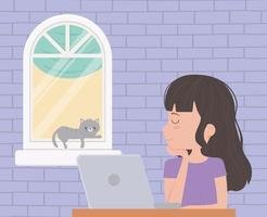 quedarse en casa, mujer con laptop y gato descansando en la ventana vector