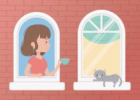 quedarse en casa, mujer con taza de café y gato en la ventana vector