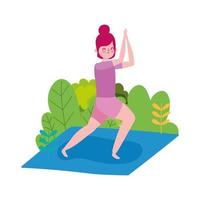 Mujer joven practicando yoga en estera icono aislado fondo blanco. vector
