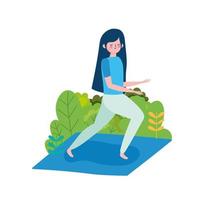 Mujer joven practicando yoga en estera icono aislado fondo blanco. vector