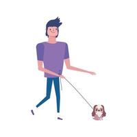 Hombre caminando con perrito icono aislado fondo blanco. vector