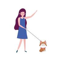 Mujer caminando con perrito icono aislado fondo blanco. vector