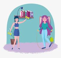 girls with jump rope and gym weights in the room, exercises at home vector
