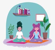 niña feliz practicando yoga en la colchoneta en la habitación con plantas, ejercicios en casa vector