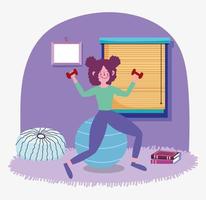 Mujer entrenando con pelota de pesas en la habitación, ejercicios en casa vector