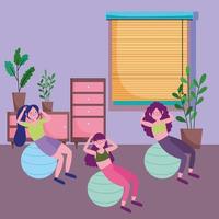 young women with ball training sport in the room, exercises at home vector