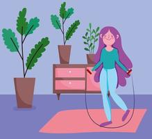 happy girl with jump rope with potted plants in the room, exercises at home vector