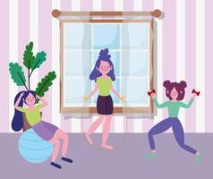 girls practicing fitness with ball and dumbbells, exercises at home vector