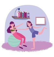 women practicing yoga with ball in room, exercises at home vector