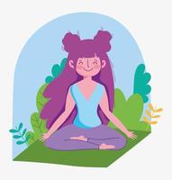 young woman practicing yoga in lotus posing on mat outdoor vector