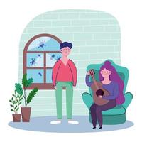 couple with guitar in living room, quarantine stay at home vector