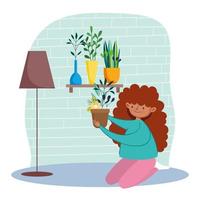 girl holding potted plant, quarantine stay at home vector