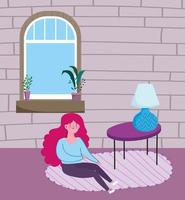 woman sitting in floor with table lamp room, quarantine stay at home vector