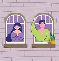 man and woman in window, quarantine stay at home vector