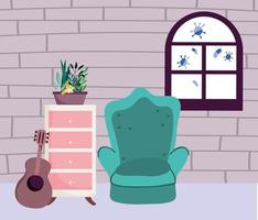 quarantine stay at home, chair furniture guitar potted plant and window