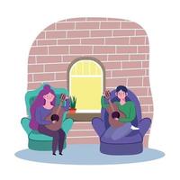 couple playing guitar in chairs, quarantine stay at home vector