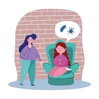 woman and girl with sofa, quarantine stay at home vector