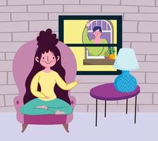 girl sitting in chair and man watching at window, quarantine stay at home vector
