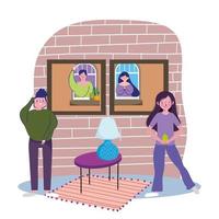 man and woman watching at window neighbors, quarantine stay at home vector