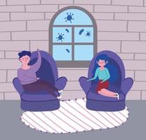 man and woman sitting in chairs living room, quarantine stay at home vector