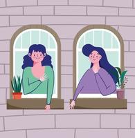 mujeres jóvenes mirando ventanas, cuarentena, quedarse en casa vector