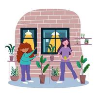 girls with potted plants, quarantine stay at home vector