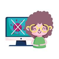 Girl and computer with Covid 19 virus vector design